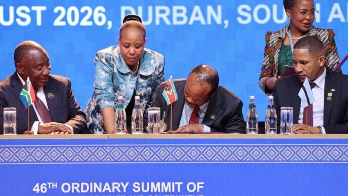 His Majesty King Mswati III signs an agreement amending Article 33 of the SADC Treaty ahead of the closing ceremony of the 46th SADC Summit in Durban, South Africa.