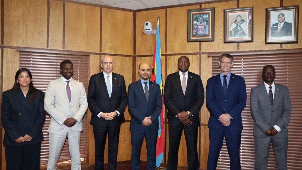 Prime Minister Russell Mmiso Dlamini poses for a group photograph with OPEC Fund for International Development President Dr Abdulhamid Alkhalifa, Ministers Neal Rijkenberg and Mandla Tshawuka, and senior government officials following their meeting at the Private and Cabinet Office.