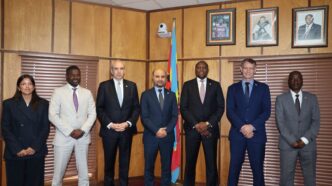 Prime Minister Russell Mmiso Dlamini poses for a group photograph with OPEC Fund for International Development President Dr Abdulhamid Alkhalifa, Ministers Neal Rijkenberg and Mandla Tshawuka, and senior government officials following their meeting at the Private and Cabinet Office.