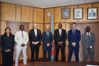 Prime Minister Russell Mmiso Dlamini poses for a group photograph with OPEC Fund for International Development President Dr Abdulhamid Alkhalifa, Ministers Neal Rijkenberg and Mandla Tshawuka, and senior government officials following their meeting at the Private and Cabinet Office.