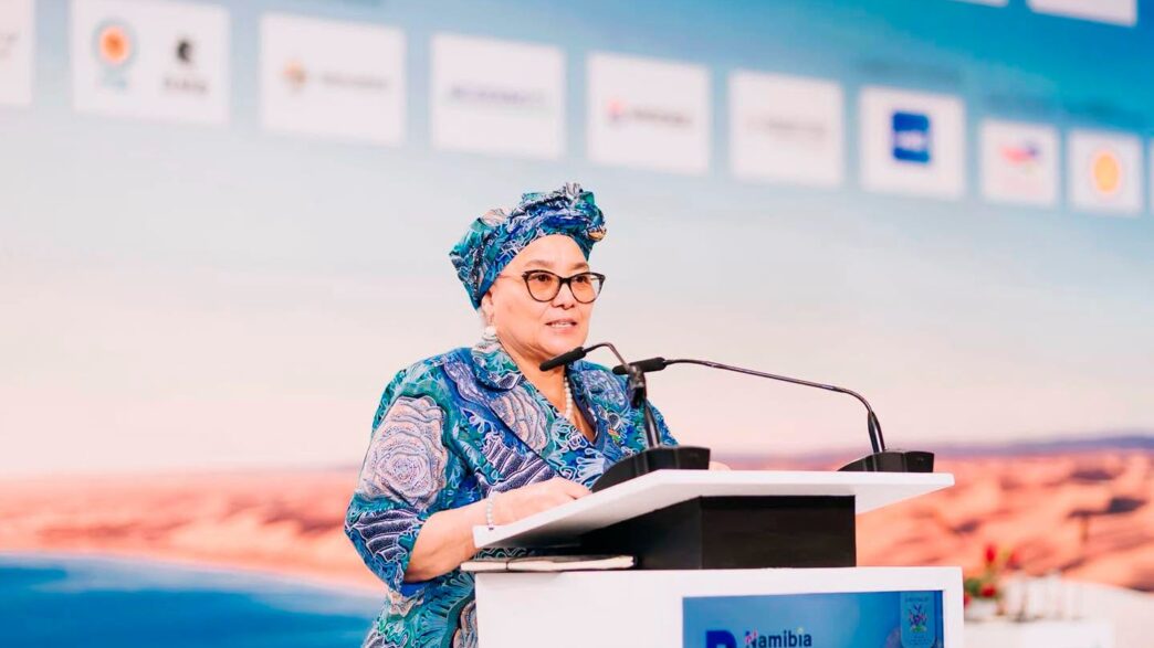 Namibia’s Vice President Lucia Witbooi delivers her address during the fourth Namibia Oil and Gas Conference and Exhibition in Windhoek. 📸 Photo: Namibia Oil and Gas Conference