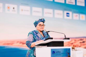 Namibia’s Vice President Lucia Witbooi delivers her address during the fourth Namibia Oil and Gas Conference and Exhibition in Windhoek. 📸 Photo: Namibia Oil and Gas Conference