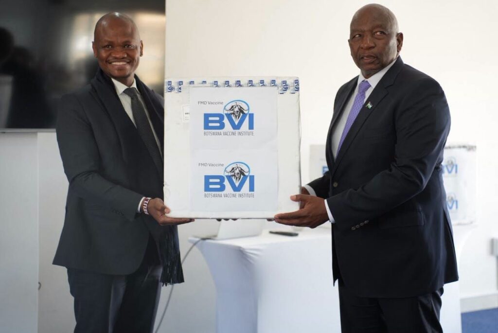Prime Minister Samuel Ntsokoane Matekane receives the 100 000 Foot and Mouth Disease vaccine doses donated to Lesotho by Botswana during a handover ceremony in Maseru.