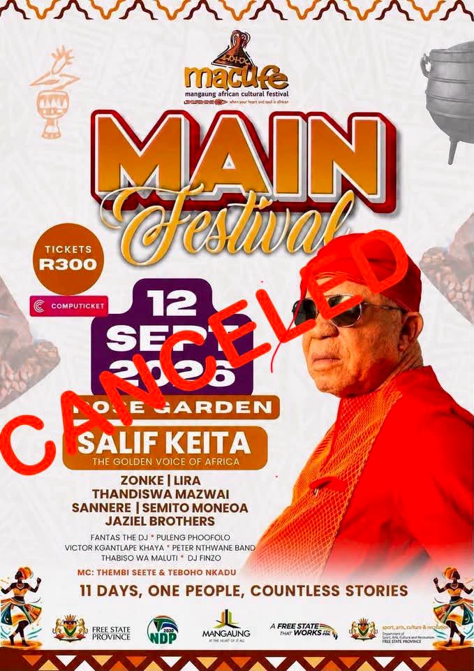 The Macufe 2026 main festival flyer featuring Salif Keita as one of the headline performers for the event scheduled for 12 September 2026 at Love Garden in Mangaung, Bloemfontein.