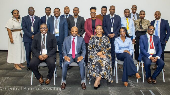 Delegates attending the Bank Supervision Application Support Office Strategic Plan 2027 to 2029 meeting pose for a group photo at the Central Bank of Eswatini.