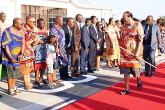 His Majesty King Mswati III greets those gathered to welcome him home at King Mswati III International Airport following his return from the 46th SADC Summit in Durban and an official visit to Kuala Lumpur, Malaysia. | Photo: Times of Eswatini