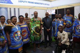 Deputy Prime Minister Thulisile Dladla and her team at the DPMO stall, Pavilion 2, during the Eswatini International Trade Fair, where King Mswati III met Sifiso Maseko, a young innovator who converted his wheelchair into a motorised vehicle. Photo by DPMO