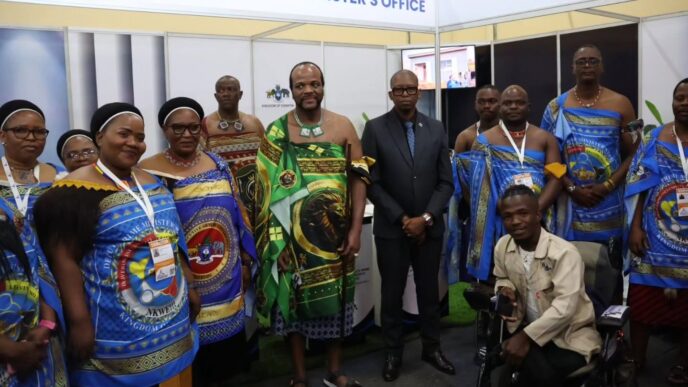 Deputy Prime Minister Thulisile Dladla and her team at the DPMO stall, Pavilion 2, during the Eswatini International Trade Fair, where King Mswati III met Sifiso Maseko, a young innovator who converted his wheelchair into a motorised vehicle. Photo by DPMO