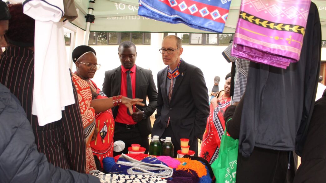 EU Deputy Ambassador José Becerra tours exhibition stalls at the International Youth and Women's Day Commemoration 2026 at Sunrise Civic Centre in Siteki on Friday, 28 August 2026. Photo by COSPE Southern Africa