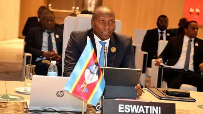 Prime Minister Russell Mmiso Dlamini delivers Eswatini’s intervention at the 21st Extraordinary Summit of AU Heads of State and Government on Strengthening Mechanisms for Conflict Prevention and Resolution in Africa in Luanda, Angola, on Sunday, 30 August 2026.