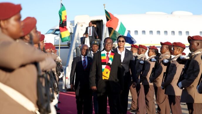 Zimbabwean President Emmerson Mnangagwa arrives at King Shaka International Airport in Durban, South Africa, ahead of the 46th Ordinary Summit of SADC Heads of State and Government.
