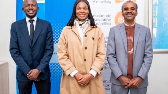 L-R: Andreas Paulus, Director at Namibia Youth Energy Forum; Mutindi Lydia Jacobs Advisory Board Member of the Namibia Youth Energy Forum, and Cons Karamata, CEO of the Economic Association of Namibia