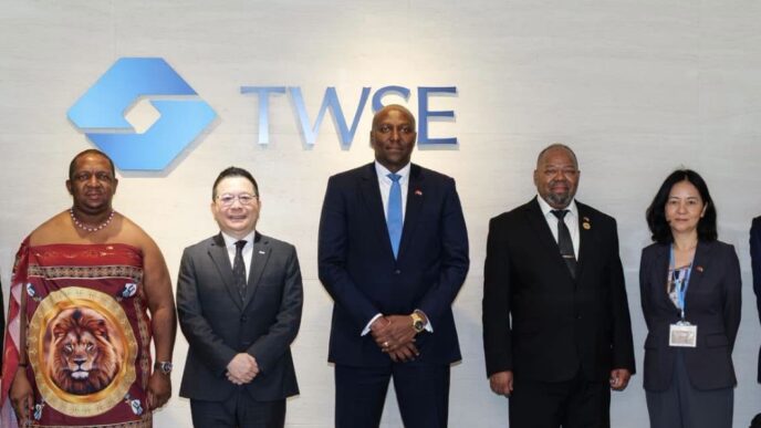 Prime Minister Russell Mmiso Dlamini and his delegation pose for a group photo with Taiwan Stock Exchange Chairman and Chief Executive Officer Sherman Lin and his team in Taipei, Taiwan.