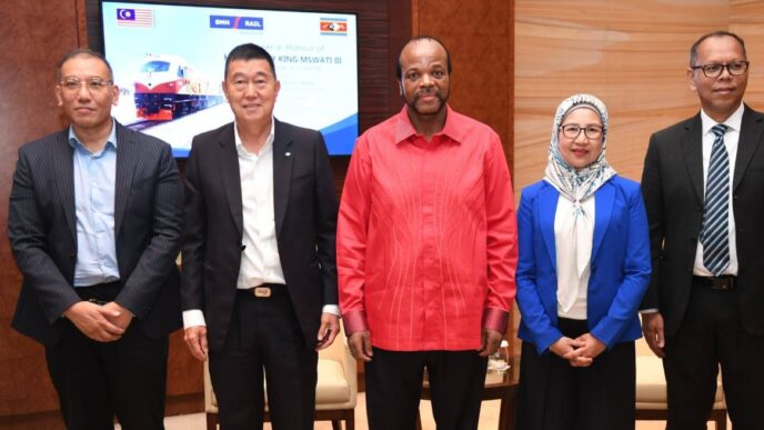His Majesty King Mswati III poses for a group photograph with representatives of Probase Manufacturing, Exim Bank and members of the Eswatini delegation during a courtesy meeting in Kuala Lumpur, Malaysia. 📸 Photo: Eswatini Government