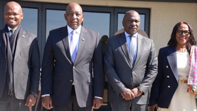 Lesotho Prime Minister Samuel Ntsokoane Matekane joins senior officials from Lesotho and Botswana for a group photograph during the handover of 100 000 Foot and Mouth Disease vaccine doses in Maseru.