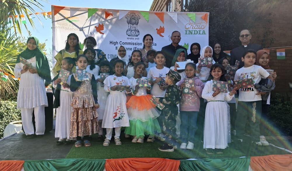 Indian High Commissioner N. Ram Prasad, his wife, Second Secretary and Head of Chancery Ajay Kumar Sharma, and children from the Indian diaspora in Eswatini gather at India House in Mbabane during the country's 80th Independence Day celebrations on Saturday, 15 August 2026.
