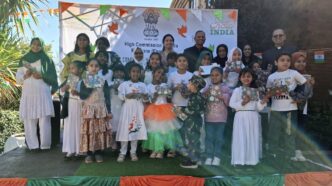 Indian High Commissioner N. Ram Prasad, his wife, Second Secretary and Head of Chancery Ajay Kumar Sharma, and children from the Indian diaspora in Eswatini gather at India House in Mbabane during the country's 80th Independence Day celebrations on Saturday, 15 August 2026.