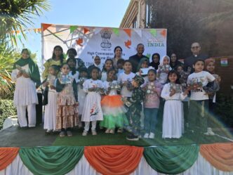 Indian High Commissioner N. Ram Prasad, his wife, Second Secretary and Head of Chancery Ajay Kumar Sharma, and children from the Indian diaspora in Eswatini gather at India House in Mbabane during the country's 80th Independence Day celebrations on Saturday, 15 August 2026.