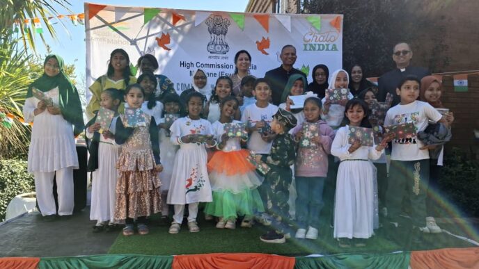 Indian High Commissioner N. Ram Prasad, his wife, Second Secretary and Head of Chancery Ajay Kumar Sharma, and children from the Indian diaspora in Eswatini gather at India House in Mbabane during the country's 80th Independence Day celebrations on Saturday, 15 August 2026.