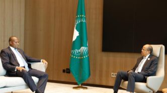 AU Commission Chairperson Mahmoud Ali Youssouf receives Prime Minister Russell Mmiso Dlamini of Eswatini during a courtesy call on the margins of the 21st Extraordinary Session of the AU Assembly in Luanda, Angola.