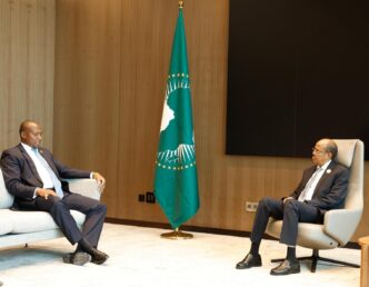 AU Commission Chairperson Mahmoud Ali Youssouf receives Prime Minister Russell Mmiso Dlamini of Eswatini during a courtesy call on the margins of the 21st Extraordinary Session of the AU Assembly in Luanda, Angola.