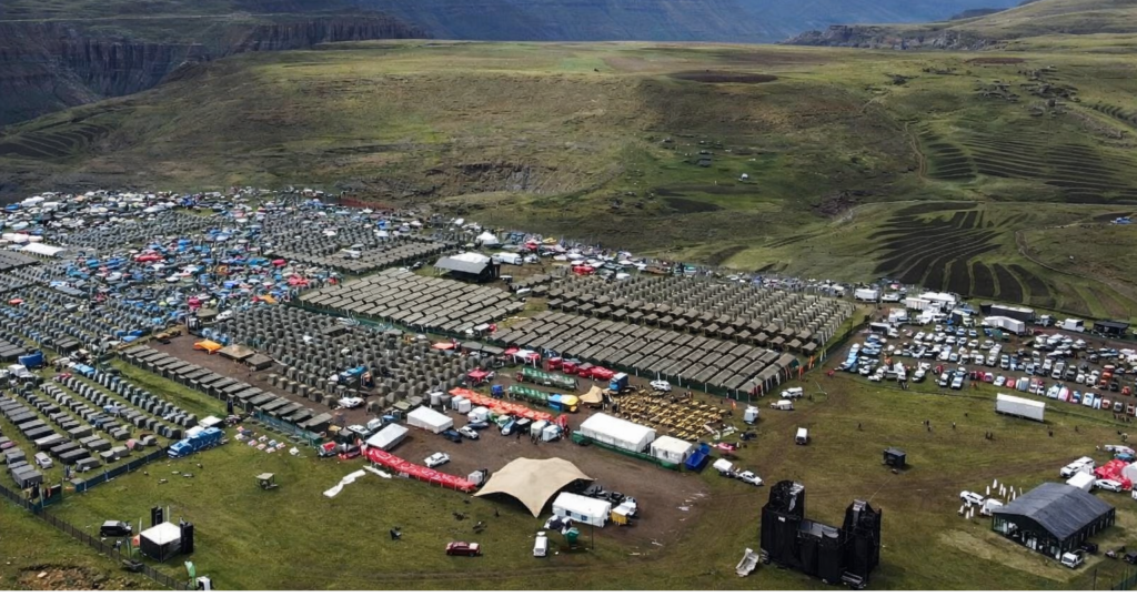 Aerial view of the Maletsunyane Braai Festival at Semonkong, Lesotho, set against the backdrop of the Maletsunyane Falls. 📸 Photo: Maletsunyane Braai Festival