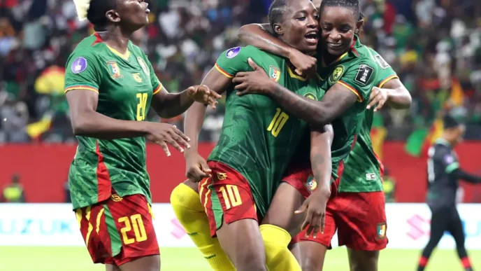 Cameroon players celebrate after scoring during their 3 to 0 victory over Malawi in the 2026 Women’s Africa Cup of Nations final in Rabat, Morocco.