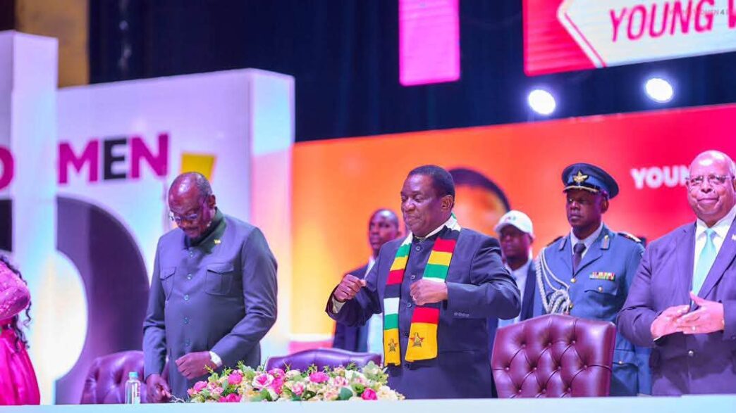 Zimbabwean President Emmerson Dambudzo Mnangagwa addresses delegates during the Young Women for Economic Development convention in Harare.