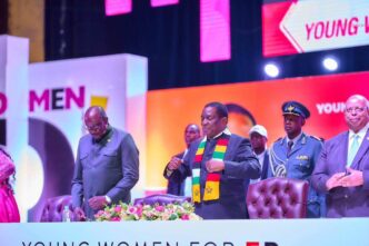 Zimbabwean President Emmerson Dambudzo Mnangagwa addresses delegates during the Young Women for Economic Development convention in Harare.