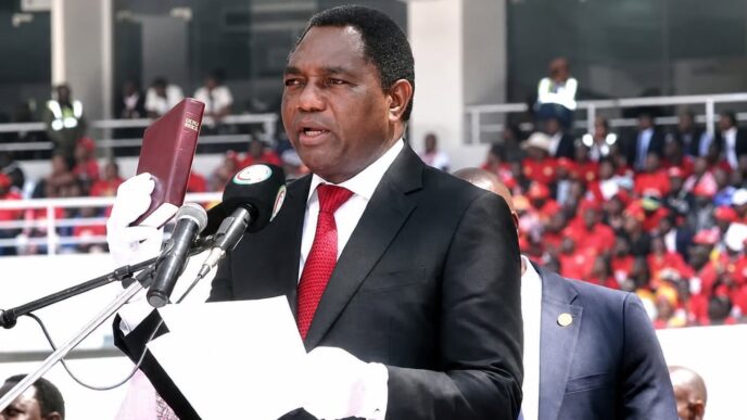 Zambian President Hakainde Hichilema takes the Oath of Office during his inauguration for a second term at the National Heroes Stadium in Lusaka