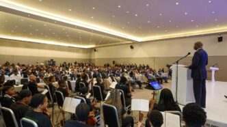 President Daniel Chapo addresses the Constitutional Justice and Global Rule of Law conference in Maputo. Photo: Domingo