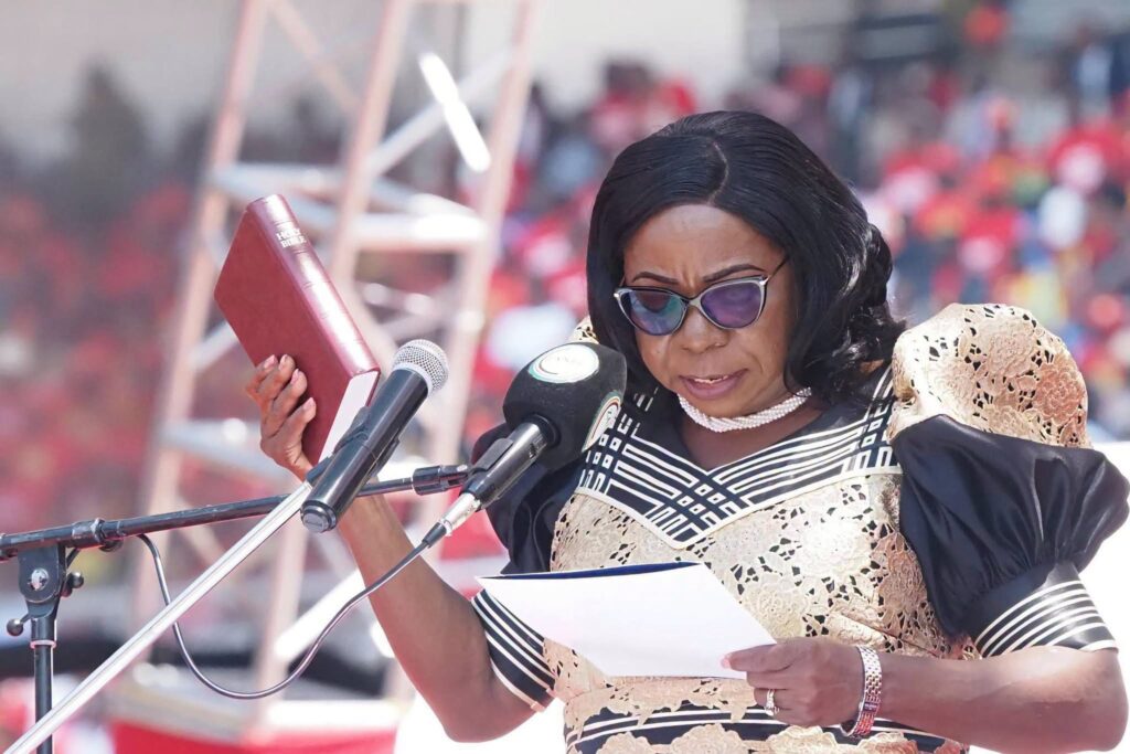 Zambian Vice President Mutale Nalumango takes the Oath of Office during the inauguration ceremony at the National Heroes Stadium in Lusaka.
