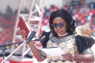 Zambian Vice President Mutale Nalumango takes the Oath of Office during the inauguration ceremony at the National Heroes Stadium in Lusaka.