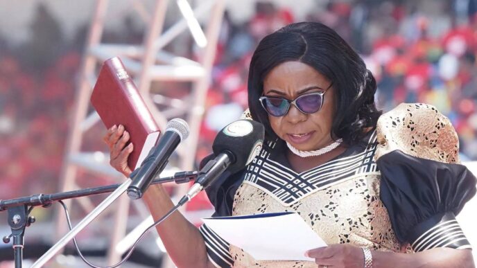 Zambian Vice President Mutale Nalumango takes the Oath of Office during the inauguration ceremony at the National Heroes Stadium in Lusaka.