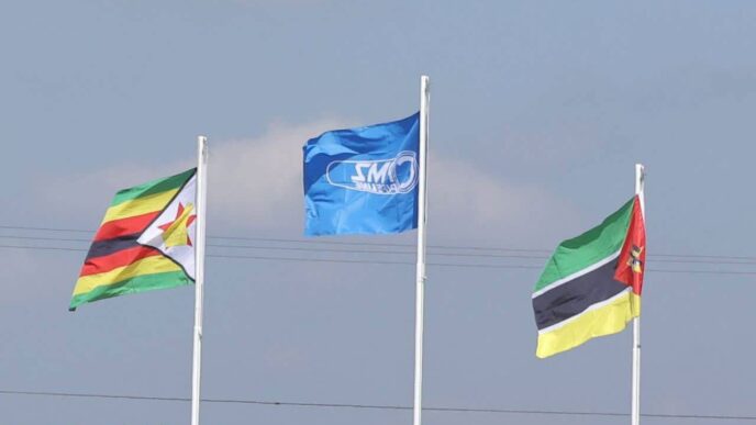 The flags of Mozambique and Zimbabwe fly side by side ahead of the groundbreaking ceremony for the second phase of the Companhia do Pipeline Moçambique Zimbabwe, CPMZ, pipeline expansion in Nhamatanda, Sofala Province. Photo: ZANU PF