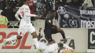 Ghampani Lungu closes in on goal as Orlando Pirates push for the opening goal against Kruger United at Mbombela Stadium. Photo X/@orlandopirates