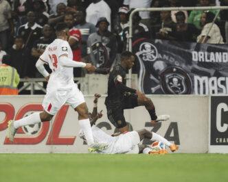 Ghampani Lungu closes in on goal as Orlando Pirates push for the opening goal against Kruger United at Mbombela Stadium. Photo X/@orlandopirates