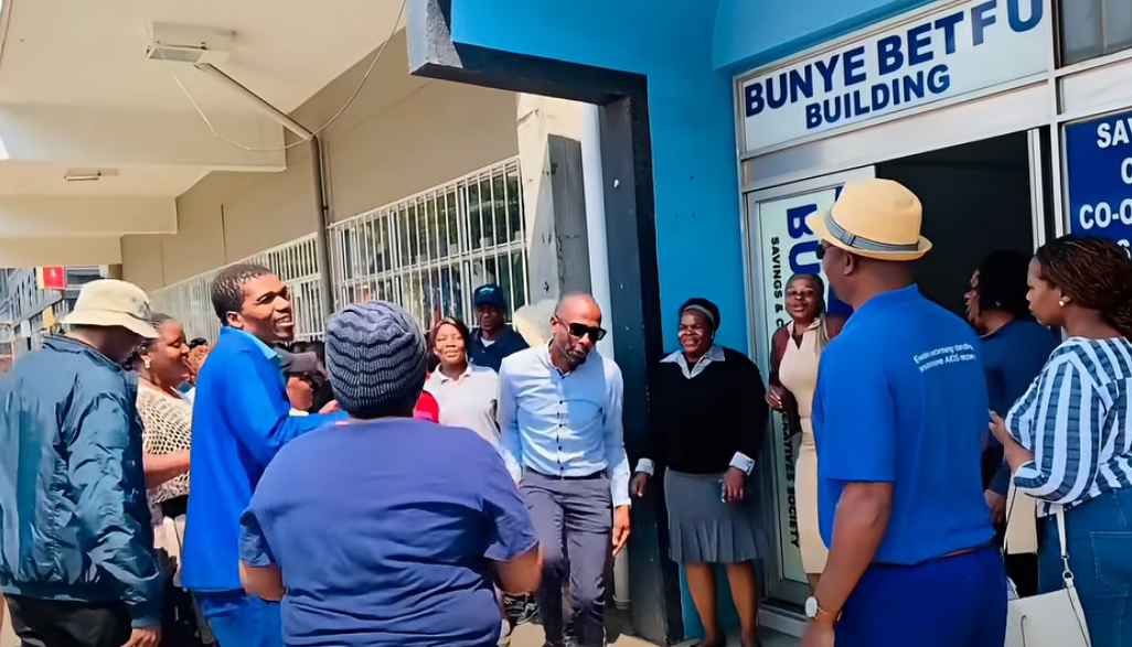 Bunye Betfu SACCO members protest outside the cooperative’s premises amid concerns over its governance and operations. Photo: Screengrab from Eswatini Observer video
