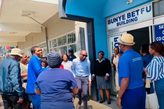 Bunye Betfu SACCO members protest outside the cooperative’s premises amid concerns over its governance and operations. Photo: Screengrab from Eswatini Observer video