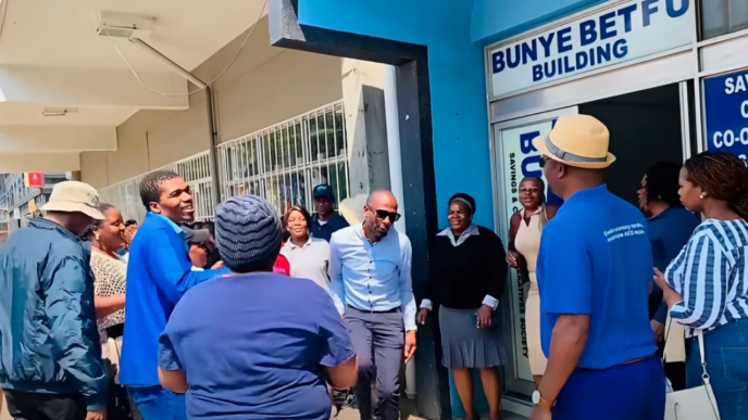 Bunye Betfu SACCO members protest outside the cooperative’s premises amid concerns over its governance and operations. Photo: Screengrab from Eswatini Observer video