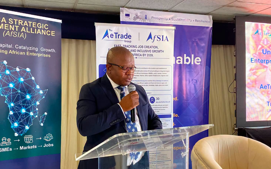 Minister of Commerce, Industry and Trade Manqoba Khumalo addressing the AeTrade Group Integrated Ecosystem Dialogue at the Mavuso Trade and Exhibition Centre