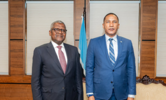 Botswana President Duma Gideon Boko meets Dangote Group founder and CEO Aliko Dangote during a courtesy call at the Office of the President in Gaborone.