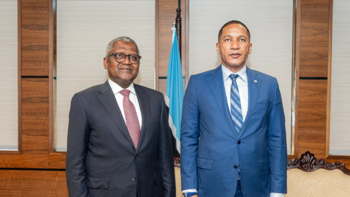 Botswana President Duma Gideon Boko meets Dangote Group founder and CEO Aliko Dangote during a courtesy call at the Office of the President in Gaborone.