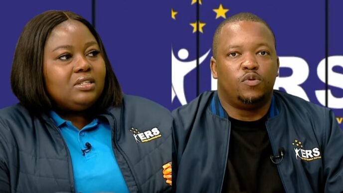 ERS Marketing and Communications Manager Nduduzo Dlamini and Taxpayer Education and Information Manager Cebolenkhosi Mahlalela during an Eswatini TV Tax Talk discussion on online profile maintenance through the TaxEase portal. Photo by Eswatini TV