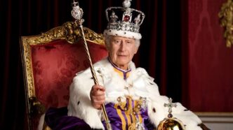 Britain's King Charles III poses for a portrait in Buckingham Palace's Throne Room after his official coronation in May 2023. Hugo Burnand/Royal Household 2023/AP