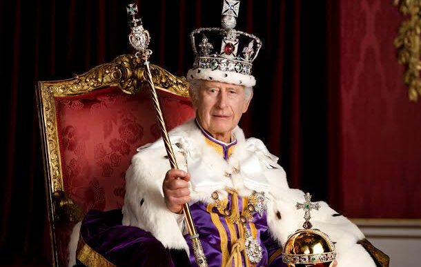 Britain's King Charles III poses for a portrait in Buckingham Palace's Throne Room after his official coronation in May 2023. Hugo Burnand/Royal Household 2023/AP