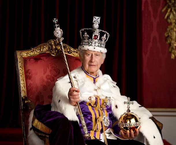 Britain's King Charles III poses for a portrait in Buckingham Palace's Throne Room after his official coronation in May 2023. Hugo Burnand/Royal Household 2023/AP