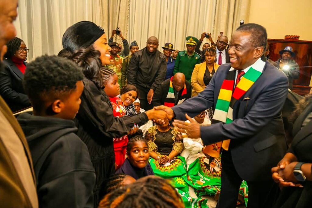 Zimbabwean President Emmerson Mnangagwa meets members of the Chivayo family at their home in Gletwyn, Harare