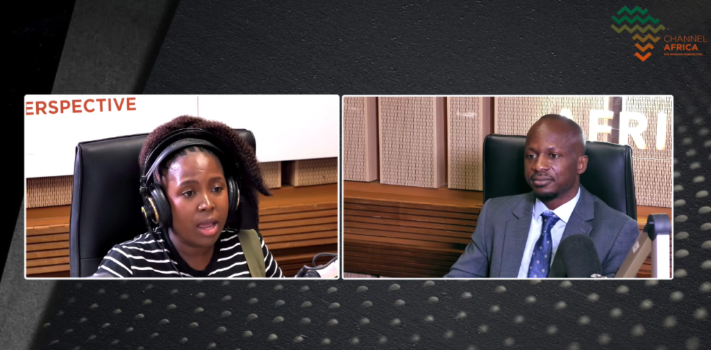 Channel Africa presenter Mmatsheko Mosito with Adekunle Owolabi during an interview discussing the upcoming Russia Africa Summit, African economic diplomacy and the role of media in shaping the continent’s narrative.